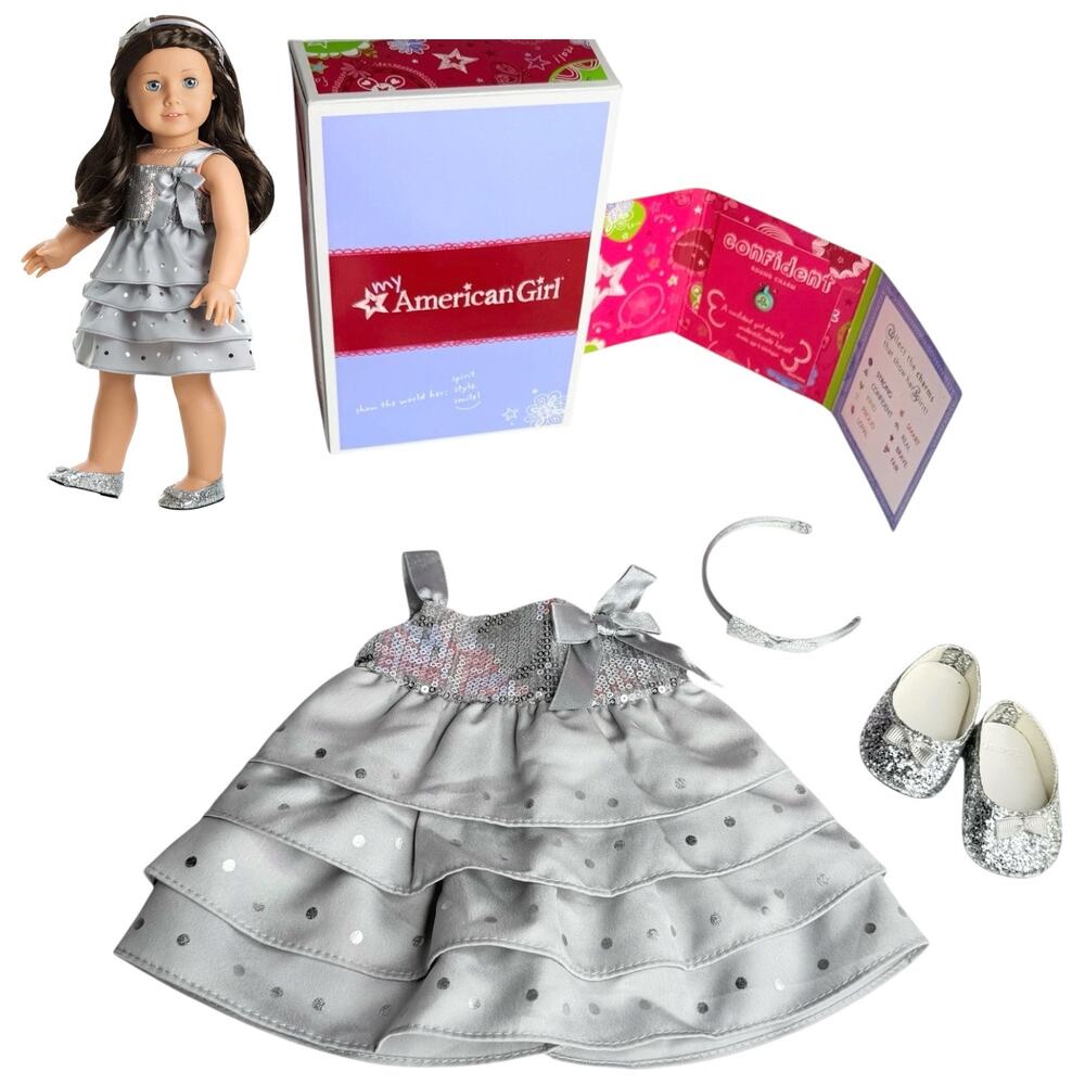 American Girl Silver Shimmer Dress Outfit Glitter Shoes Doll Headband Charm Box